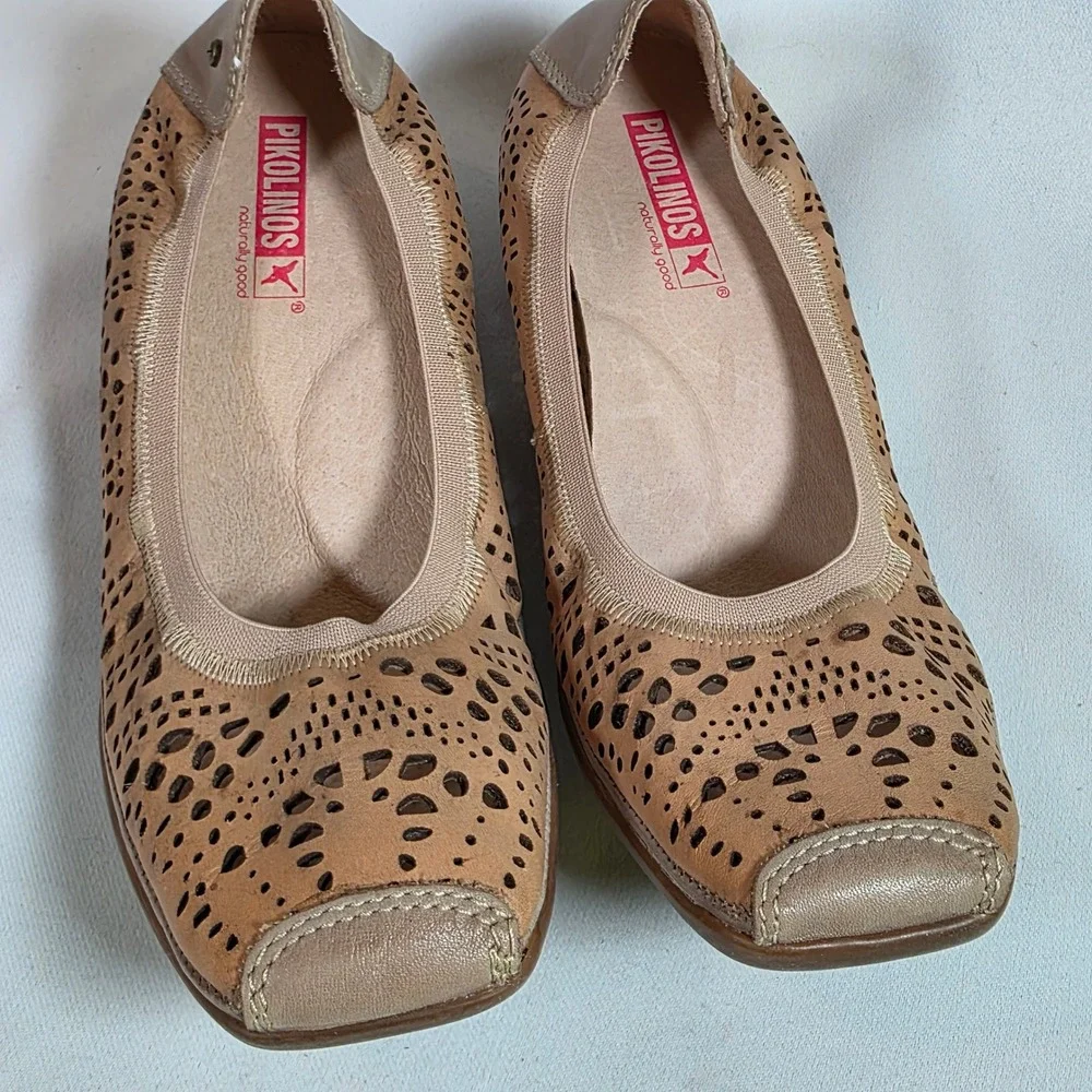 Pikolinos Tan Leather Pumps Womens 37 US 7 Laser Cut Square Toe Slip On Boho